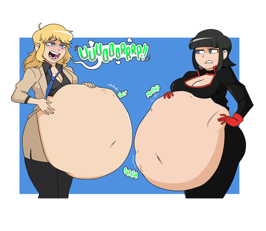 2girls ambiguous_prey belly belly_button black_hair blonde_hair blue_eyes breasts burp burping clara_van_damm commission digestion emilia_von_schleuse fat female female_pred green_eyes huge_belly implied_vore mr_rattleb0nes multiple_preds navel oral_vore some_bullshit stomach_bulge unwilling unwilling_prey unwilling_vore vore weight_gain