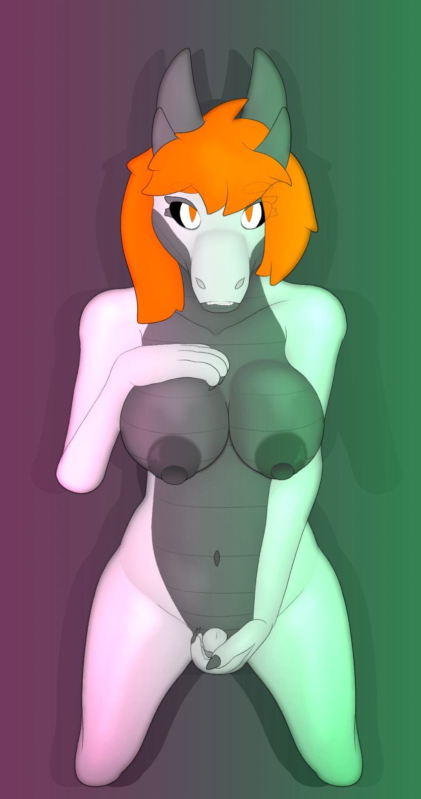 135:256 4_horns anthro areola balls black_sclera breasts dragon genitals grey_areola grey_body grey_horn grey_nipples grey_penis grey_scales gusta gynomorph hair hand_on_breast hand_on_penis hi_res horn intersex multi_horn nipples nude orange_hair orange_pupils penis pupils scales scalie sketchella_(gusta) slit_pupils solo