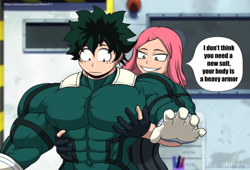 1boy 1boy1girl 1girls abs big_muscles boku_no_hero_academia clothed clothing deku erect_nipples erect_nipples_under_clothes erected_nipples female gloves green_eyes green_hair groping_from_behind hatsume_mei hero_outfit huge_muscles huge_nipples hyper_muscles izuku_midoriya izuku_midoriya_(hero_outfit) light_skin looking_at_hand looking_down male male_focus male_nipples medium_hair mei_hatsume midoriya_izuku midoriya_izuku_(hero_outfit) muscles muscular muscular_abs muscular_arms muscular_male my_hero_academia nervous nipple_between_fingers nipples_visible_through_clothing pink_hair riseart77 skin_tight smile smiling speech_bubble touching_chest yellow_eyes