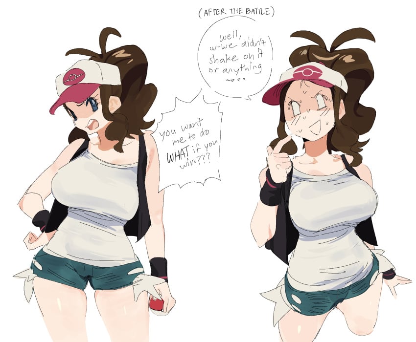 blush female hilda_(pokemon) large_breasts looking_at_viewer nintendo pokemon short_shorts shorts sweat tank_top whoopsatro