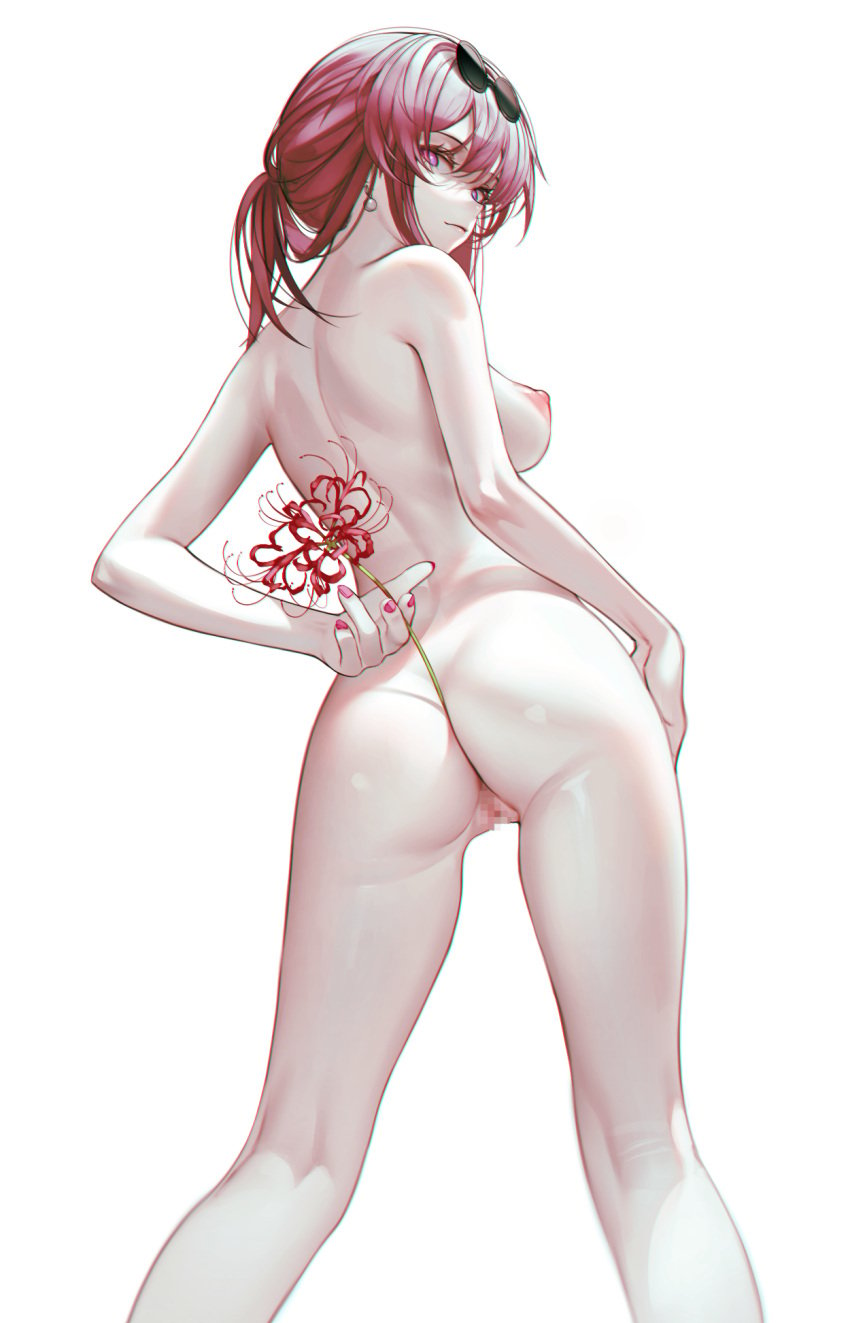 ass back breasts censored closed_mouth commission earrings eyewear_on_head feet_out_of_frame female flower from_behind highres honkai:_star_rail honkai_(series) iumu jewelry kafka_(honkai:_star_rail) long_hair looking_at_viewer looking_back medium_breasts mosaic_censoring nail_polish nipples ponytail purple_eyes purple_hair pussy red_flower red_nails sidelocks simple_background smile solo spider_lily standing sunglasses white_background