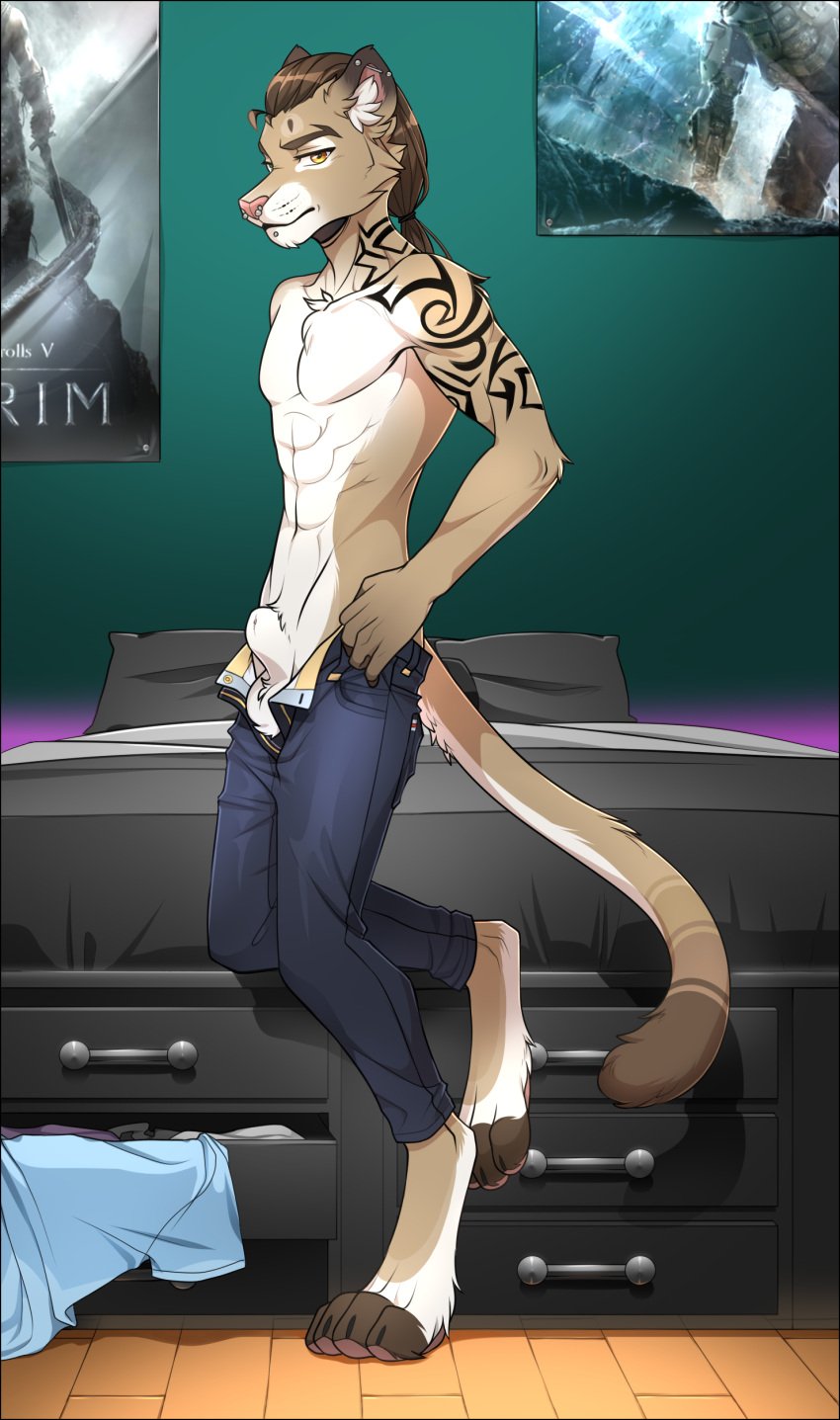 absurd_res anthro anthro_only arm_tattoo bed bedroom bethesda_softworks clothed clothing cougar detailed_background dressing felid feline furniture halo_(series) hi_res leaning_on_object linden_mcconville_(character) looking_at_viewer male mammal microsoft partially_clothed piercing poster shaded shirt skyrim slice_of_life solo tattoo the_elder_scrolls topwear vloic xbox_game_studios