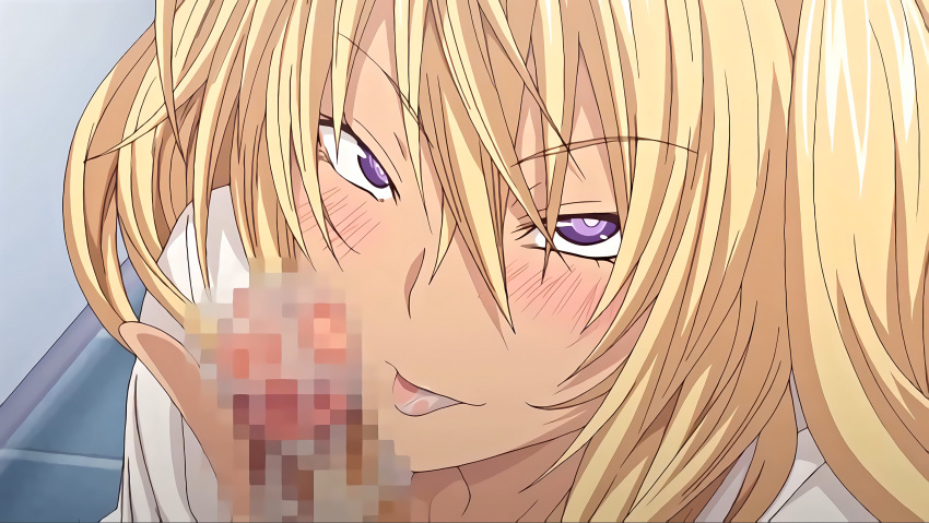 1boy 1girls altered_common_sense blonde_hair blush brown_skin censored censored_penis change_in_common_sense common_sense_change eyebrows eyelashes female female_focus fujimiya_ann gyaru high_resolution highres holding holding_penis hypnosis hypnotic_eyes hypnotized looking_at_viewer male mind_control penis purple_eyes saliva schoolgirl screencap screenshot succubus_appli_gakuen_saimin tan_skin teenage_girl teenager tongue tongue_out unaware unaware_hypnosis voluptuous voluptuous_female