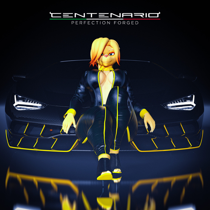 3d 3d_(artwork) angela_cross_(ratchet_and_clank) bludergat99 car insomniac_games lamborghini leather_clothing lombax_(ratchet_and_clank) looking_at_viewer ratchet_and_clank sitting