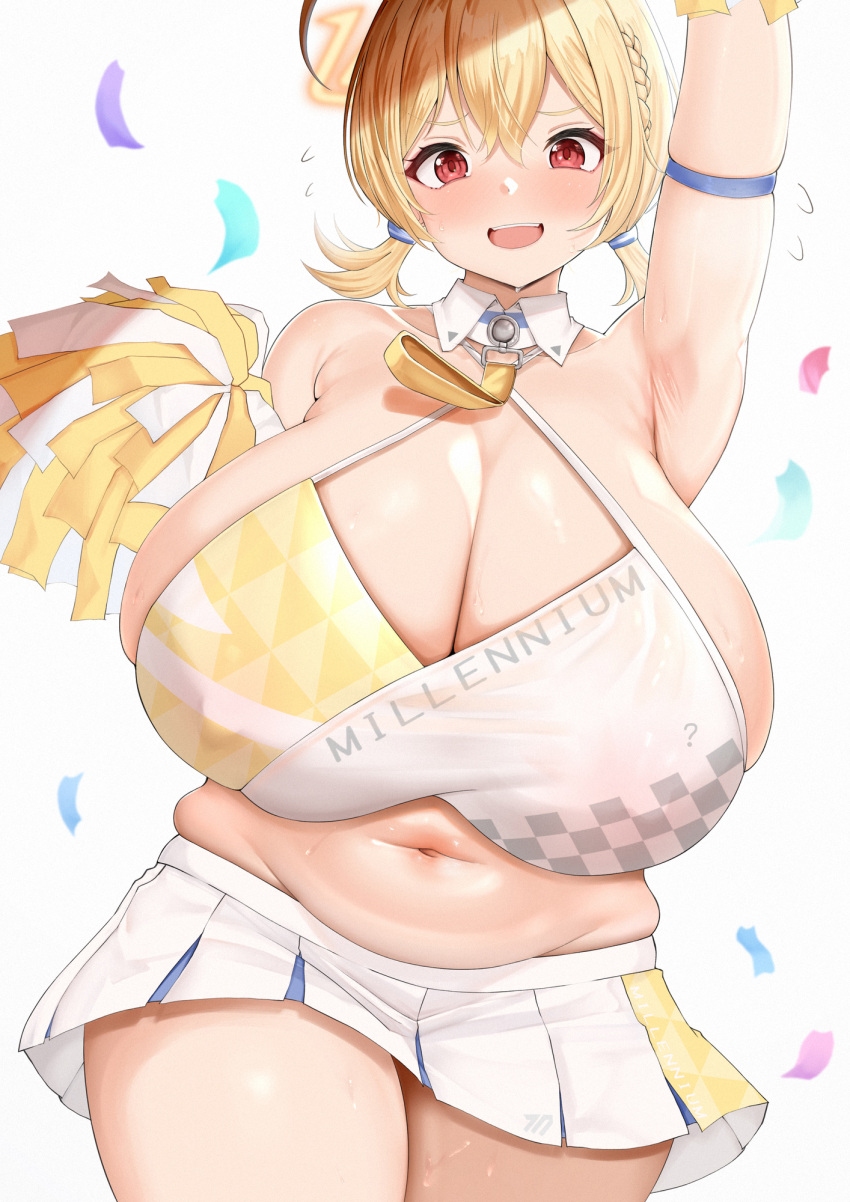 1girls big_breasts blonde_hair blue_archive blush blushing_at_viewer breasts breasts_bigger_than_head cheerleader cheerleader_uniform chomikuplus engineering_department_(blue_archive) enormous_breasts hair_between_eyes huge_breasts kotori_(blue_archive) kotori_(cheerleader)_(blue_archive) large_breasts light-skinned_female light_skin looking_at_viewer massive_breasts millennium_cheerleader_outfit_(blue_archive) millennium_science_school_student red_eyes short_hair slightly_chubby solo solo_female solo_focus sweat sweatdrop sweating sweaty sweaty_body twintails