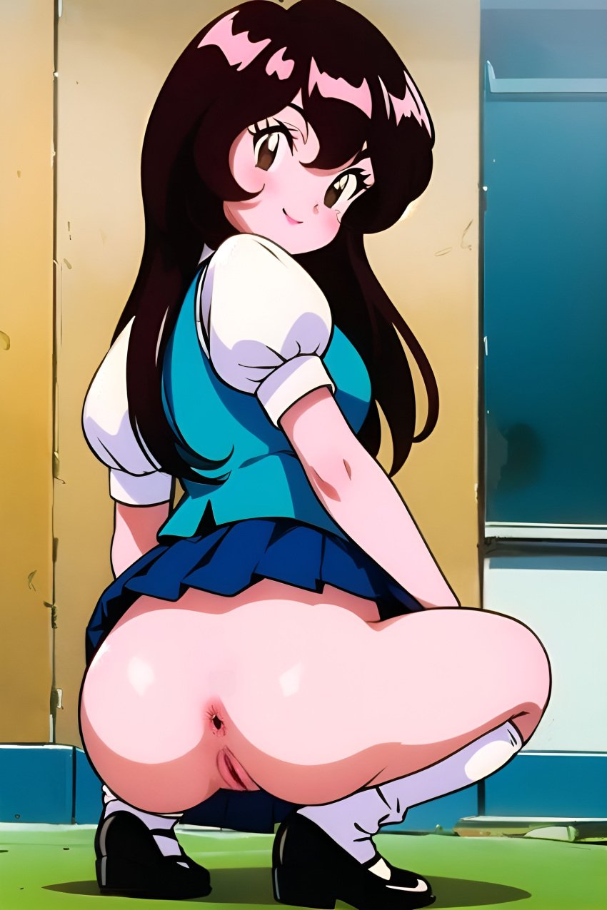 1girls ai_generated anus ass brown_eyes brown_hair female from_behind giselle_(pokemon) light-skinned_female light_skin lipstick long_hair looking_at_viewer looking_back pokemon pokemon_(anime) pokemon_(classic_anime) pussy retro_artstyle school_uniform shoes solo squatting white_legwear yuutou_seiyo