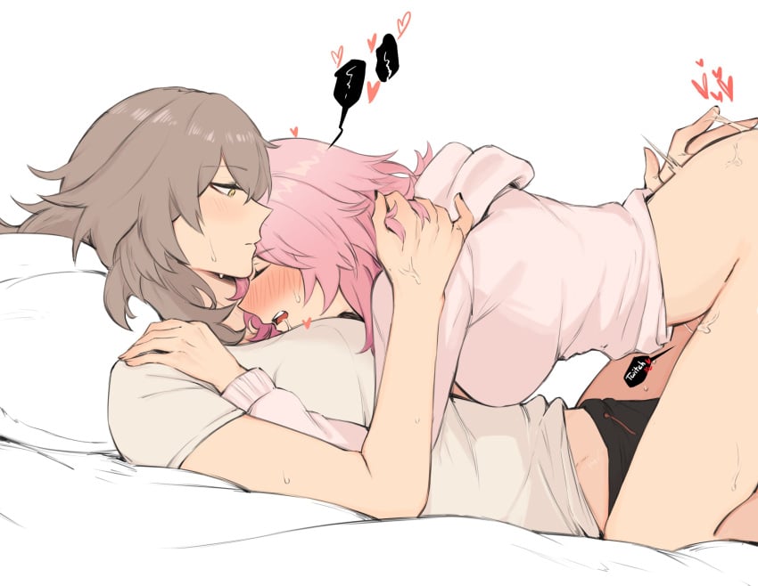 2girls absurdres blush breasts closed_mouth drooling female from_side grey_hair heart highres honkai:_star_rail honkai_(series) hood hood_down hoodie large_breasts long_hair long_sleeves lying march_7th_(honkai:_star_rail) multiple_girls on_back open_mouth pink_hair pink_hoodie pussy_juice shirt short_sleeves soulnark speech_bubble stelle_(honkai:_star_rail) white_shirt yellow_eyes yuri