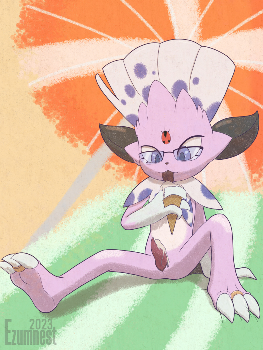 anthro beach blep claws dessert digit_ring eyewear ezumenest feathers food generation_4_pokemon genitals glasses hi_res ice_cream ice_cream_cone jewelry kerolink licking male nintendo penis pink_body pokemon pokemon_(species) purple_eyes ring seaside solo toe_ring tongue tongue_out weavile