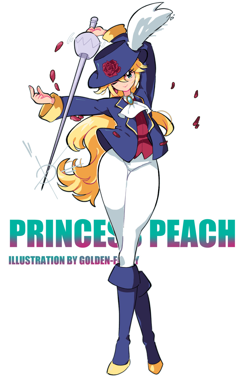 boots fence goldenfoggy hat mario_(series) nintendo princess_peach princess_peach:_showtime! swordfighter_peach thick_thighs tight_clothing tight_pants wings wink