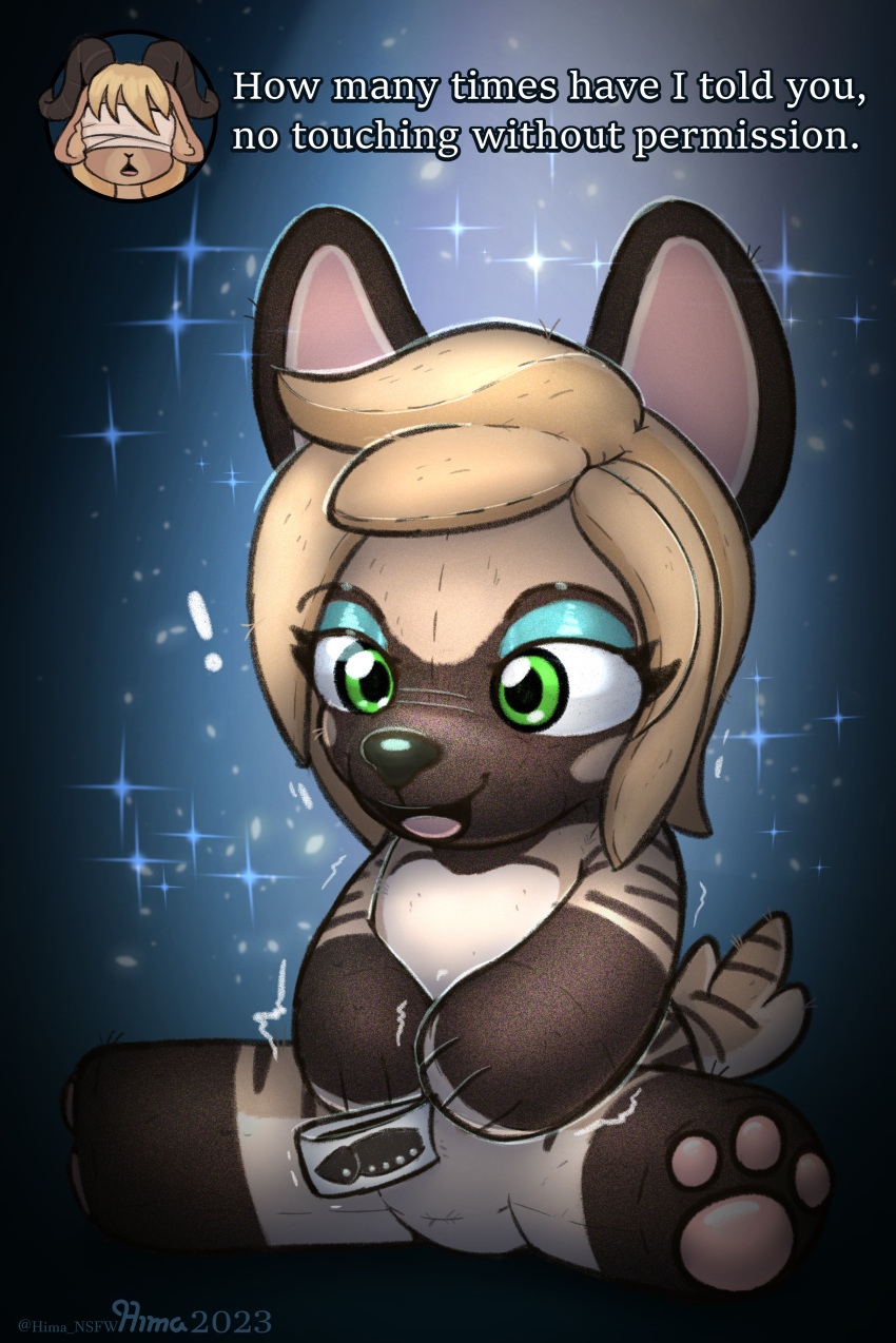 absurd_res anthro blonde_hair brown_body brown_fur dialogue eyeshadow fur green_eyes gynomorph hair hi_res hima_nsfw hyena inanimate_transformation intersex makeup mammal pawpads plushie smile solo struggling tan_body tan_fur transformation