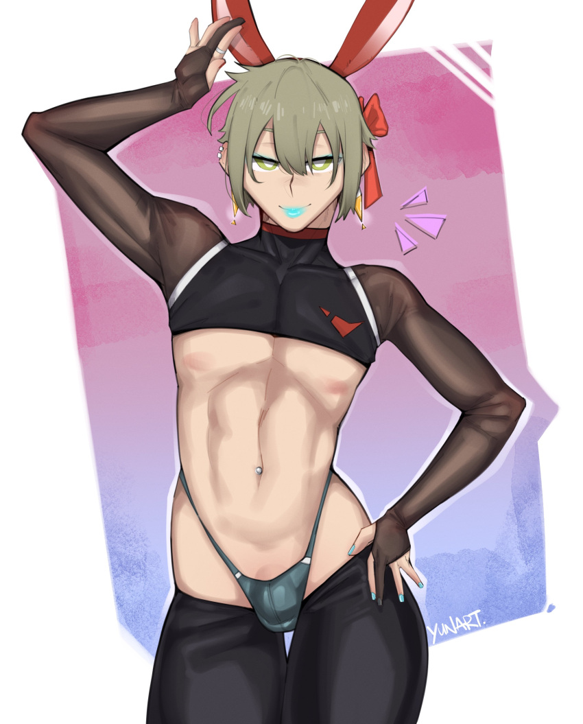 1boy 1femboy 2023 blue_lipstick blush bulge bunny_boy bunny_ears crossdressing cute_male elan_ceres femboy femboy_only girly green_eyes green_hair gundam gundam_suisei_no_majo rabbit_ears reverse_bunnysuit reverse_outfit simple_background solo standing sweatdrop thighs trap twink yunart