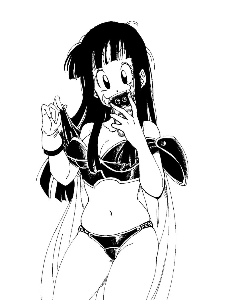 1girls armor artist_name bare_arms bikini_armor black_eyes black_hair blunt_bangs blunt_ends breasts cape cellphone chichi cleavage collarbone covered_mouth cowboy_shot dragon_ball dragon_ball_(classic) dragon_ball_z eyelashes fenyon fingernails gloves groin groin_tendon gyuu_mao hands_up head_tilt highres holding holding_phone horns lifted_by_self long_hair looking_at_viewer medium_breasts messy_hair monochrome narrow_waist navel phone selfie shoulder_armor simple_background single_glove smartphone smartphone_case solo stomach straight_hair strap_lift taking_picture tareme thighs white_background wide-eyed