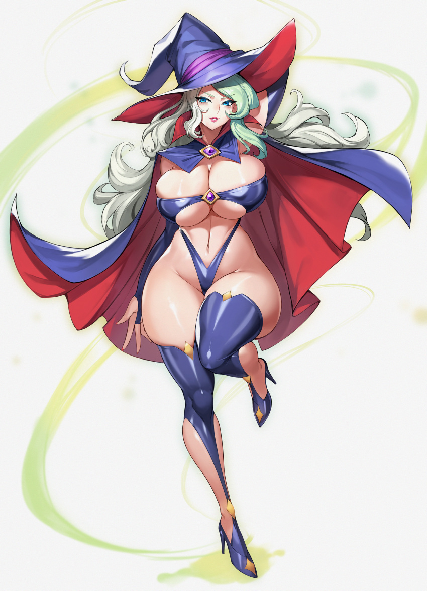 1girls arm_behind_head armwear big_breasts blue_eyes breasts cape cleavage diana_cavendish female female_only footwear full_body gurimjang hair hand_behind_head hat headwear heels high_heels hips huge_breasts legwear lips little_witch_academia long_hair skimpy skimpy_clothes solo solo_female thick_lips thick_thighs thighhighs thighs white_hair wide_hips witch witch_hat