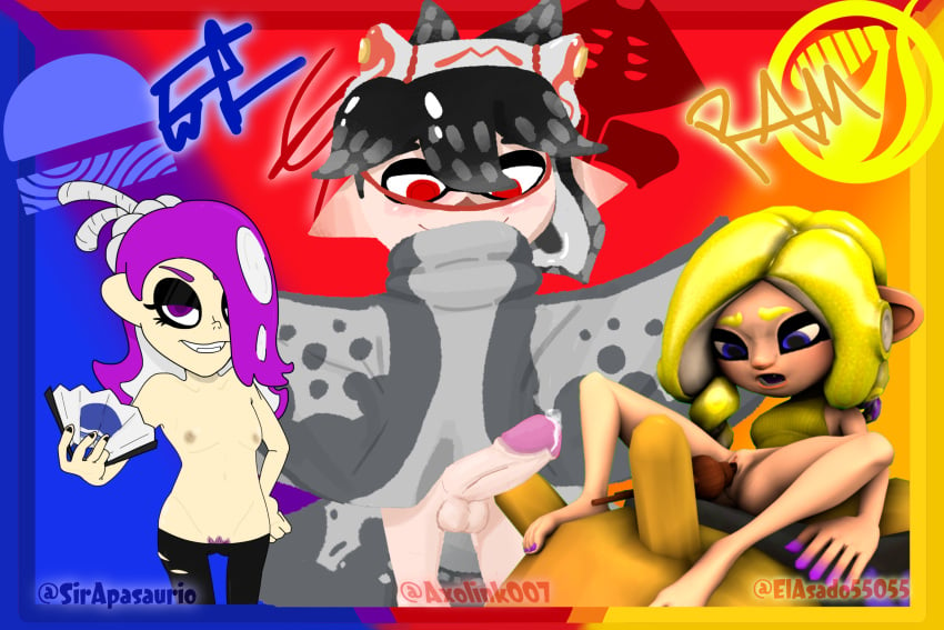 1boy 1girls 2girls 2girls1boy axol_(splatoon) big_man_(splatoon)_(cosplay) black_hair blue_background blue_eyes breasts clothed clothed_female clothed_male cum deep_cut_(splatoon) elasado55055 female frye_(splatoon)_(cosplay) inkling inkling_boy light-skinned_female light-skinned_male light_skin looking_at_viewer male nintendo octoling octoling_girl pubic_hair purple_eyes purple_hair pussy red_background red_eyes shiver_(splatoon)_(cosplay) sir_apasaurio smile smiling smiling_at_viewer splatfest splatoon splatoon_(series) splatoon_3 twitter_username vaginal_penetration yellow_background yellow_hair zane_(sir_apasaurio)