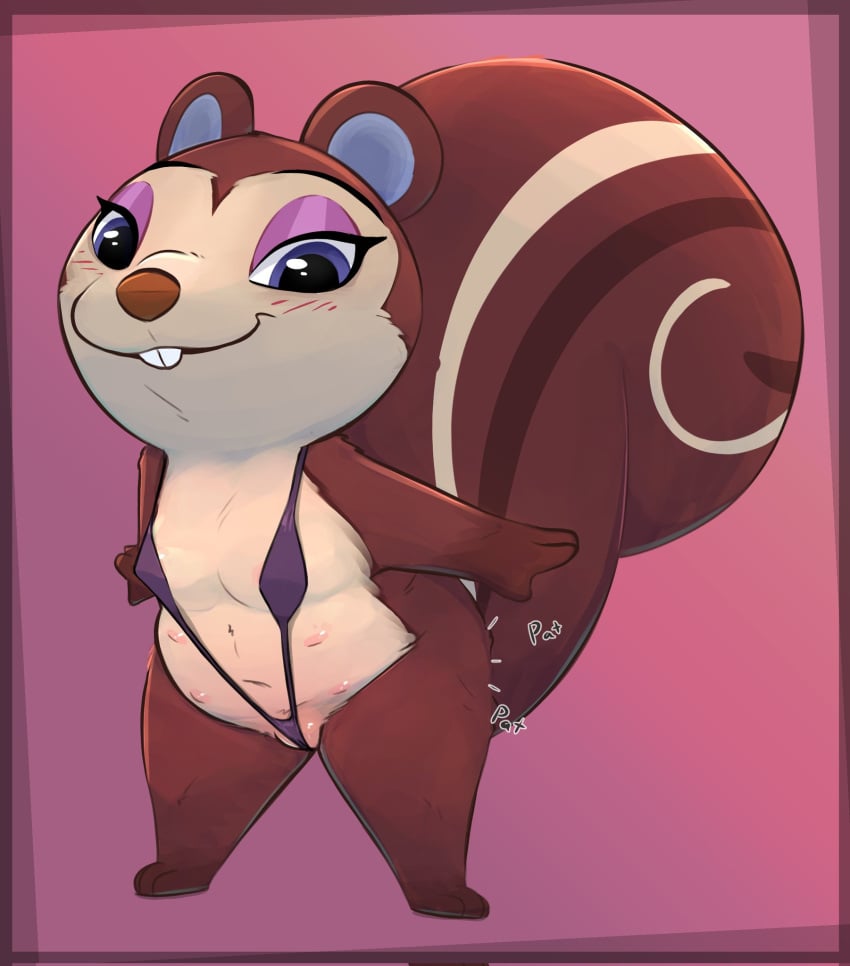 2023 animal_crossing anthro barefoot bikini breasts buckteeth clothed clothing eyeshadow feet female full-length_portrait genitals hi_res honeymono makeup mammal multi_nipple nintendo nipples pecan_(animal_crossing) portrait pussy pussy_floss rodent sciurid skimpy sling_bikini smile solo swimwear teeth tree_squirrel