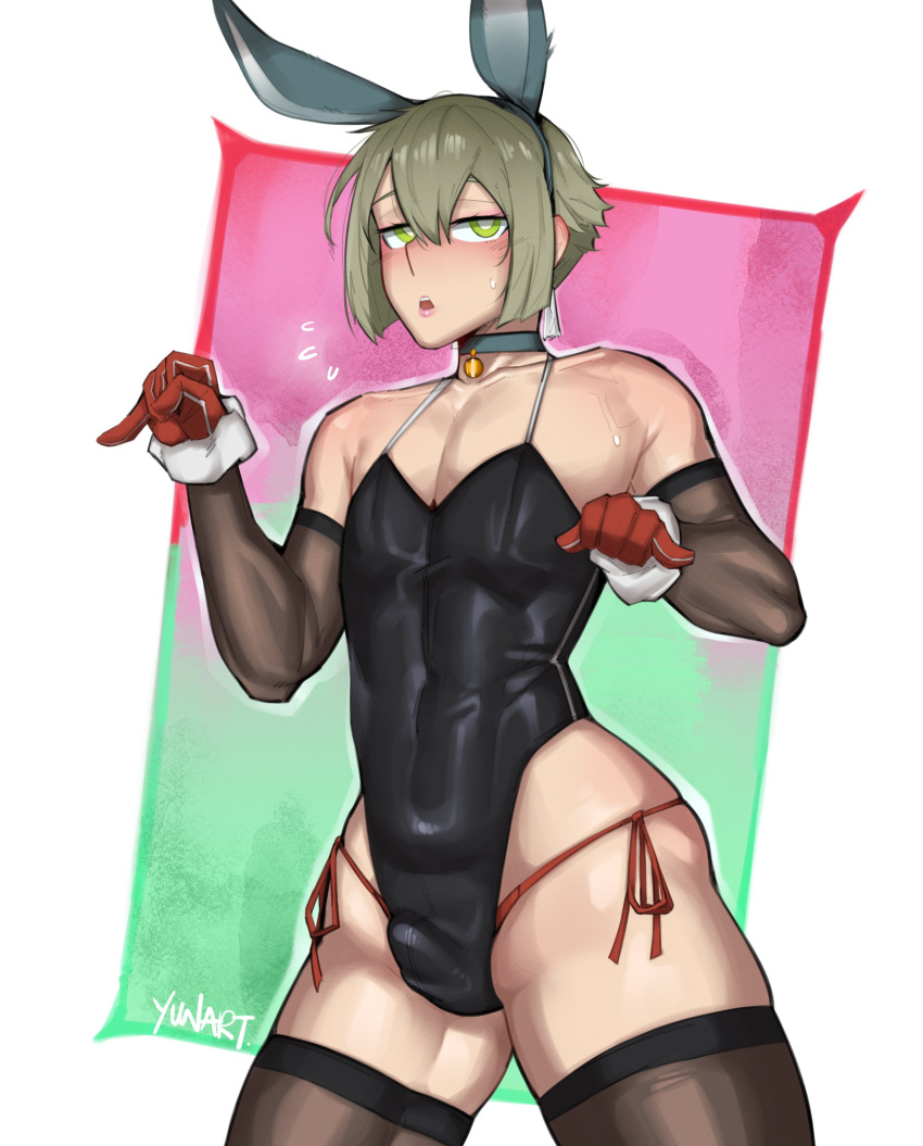 1boy 1femboy 2023 armwear blush bulge bunny_boy bunny_ears crossdressing elan_ceres femboy femboy_only gloves green_eyes green_hair gundam gundam_suisei_no_majo leotard rabbit_ears simple_background solo standing stockings sweatdrop thighs trap twink yunart