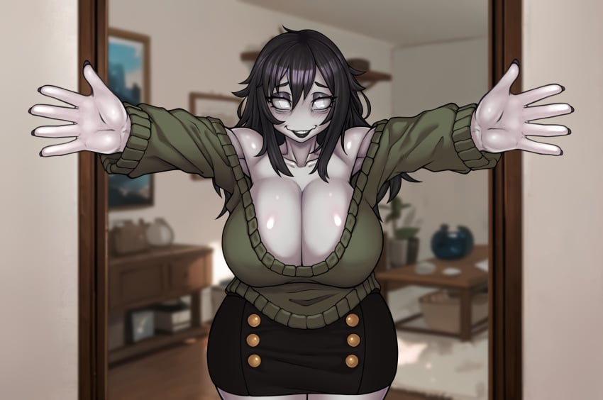 black_hair black_lipstick blurry_background blush cleavage creepette_holloway huge_breasts necozuki no_nose open_arms pogchamp skirt sweater tired_eyes white_eyes