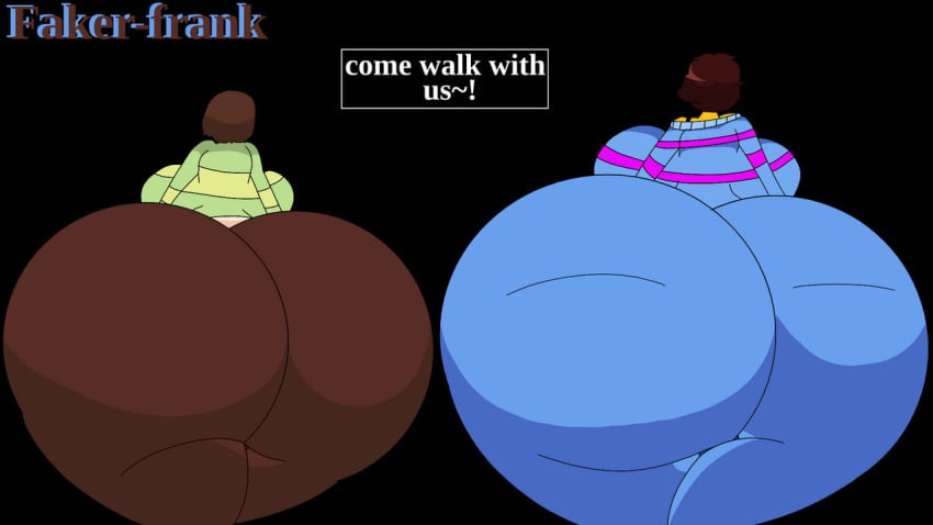 2023 2girls alternate_ass_size ass_bigger_than_head ass_focus big_breasts bottom_heavy brown_hair chara faker-frank_(artist) female_only frisk huge_ass huge_breasts hyper hyper_ass massive_ass massive_breasts multiple_girls short_hair toby_fox undertale undertale_(series)