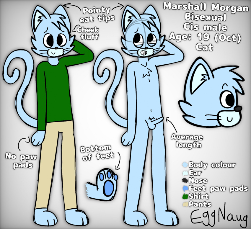 2020s 2023 anthro artist_name balls blush colored digital_drawing_(artwork) digital_media_(artwork) domestic_cat eggnaug english_text erection felid feline felis full-length_portrait genitals hand_behind_head happy hi_res male mammal marshall_(eggnaug) model_sheet nervous nervous_smile nude pawpads paws penis portrait signature simple_background smile solo text url