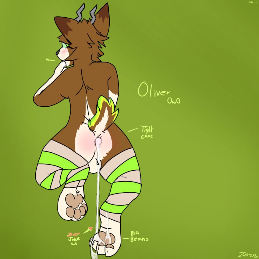 1:1 4_toes anthro bite biting_thumb bodily_fluids brown_body brown_fur canid canine clothed clothing cum cum_drip cum_in_ass cum_inside deer dripping english_text feet fox fur genital_fluids girly green_body green_fur hi_res horn hybrid legwear looking_at_viewer looking_back male mammal oliver_(oliverfloof) partially_clothed paws rear_view self_bite solo text thigh_highs toes white_body white_fur yellow_body yellow_fur zerhem_(artist)