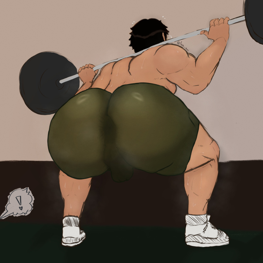 alex_(stardew_valley) ass ass_focus big_ass big_butt exclamation_point fae_(artist) male male_only muscles muscular muscular_male musk see-through_clothing squatting stardew_valley sweat workout