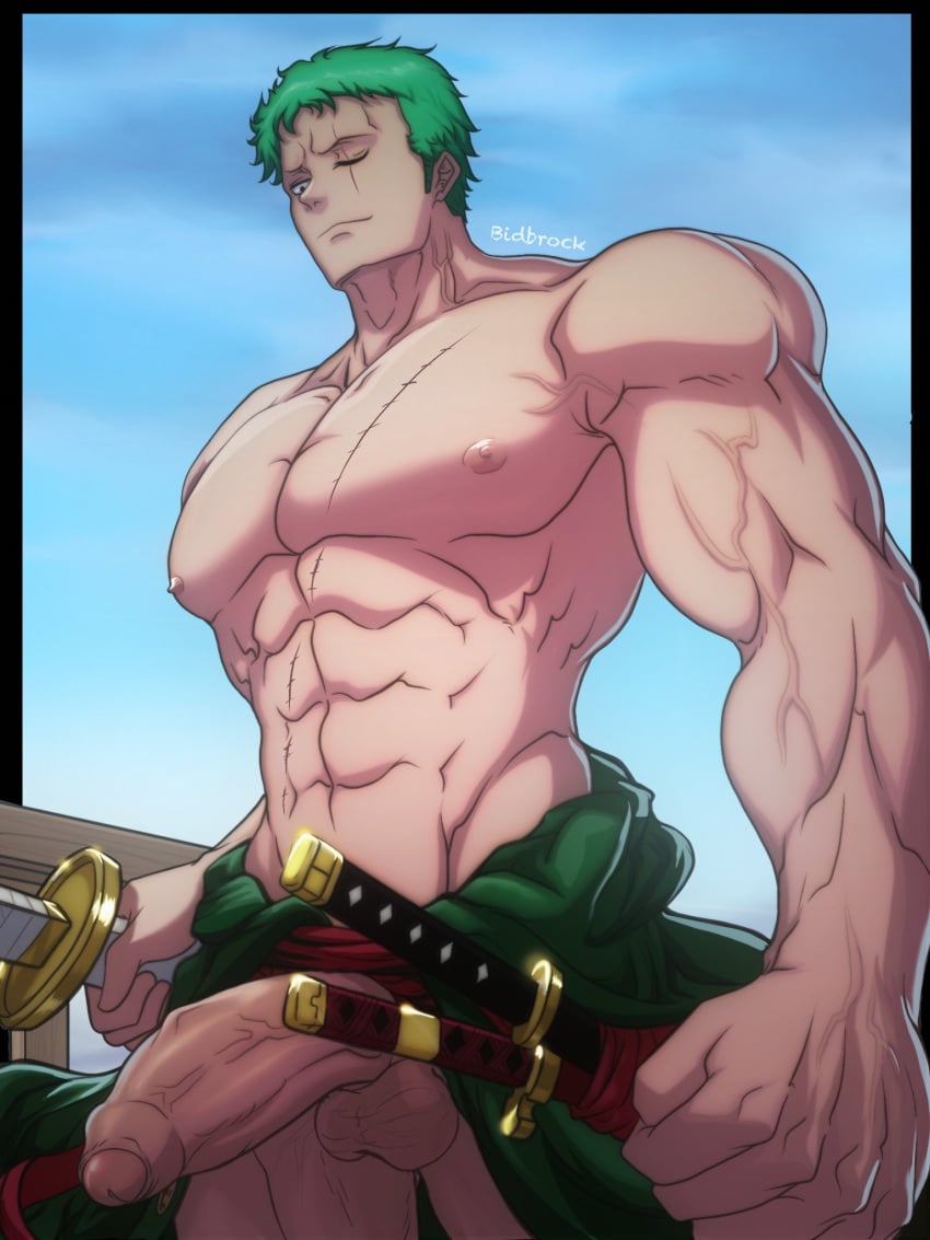 1boy artist_name bara bidbrock large_pectorals male male_only muscles muscular_male no_pants one_eye_closed one_piece pantsless post-timeskip roronoa_zoro scar shirtless solo sword vein veiny_penis