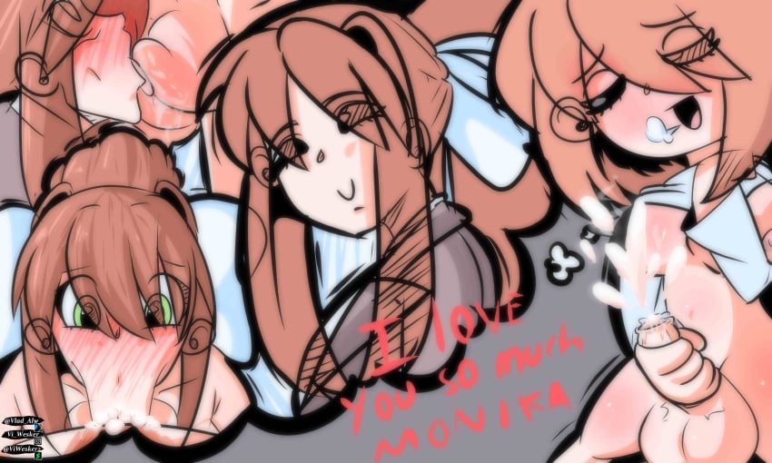 1futa 1girls :>= big_balls_small_penis big_breasts big_penis big_thighs blowjob blowjob_face blush brown_hair creamy_cum cum cum_in_mouth cumming dialogue doki_doki_literature_club ejaculation english_text erection fantasizing female futa_on_female futanari futanari_masturbation green_eyes human in_love licking_balls light-skinned_female light-skinned_futanari light_skin masturbation monika_(doki_doki_literature_club) orgasm oversized_balls peach_hair sayori_(doki_doki_literature_club) self_upload smiling solo_focus text vi_wesker