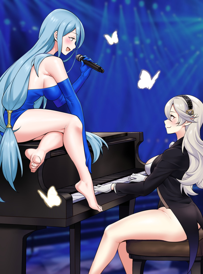 2girls aqua_hair ass azura_(fire_emblem) bare_legs barefoot big_ass breasts bug butterfly commission corrin_(female)_(fire_emblem) corrin_(fire_emblem) female female_only fire_emblem fire_emblem_fates grand_piano grey_hair hairband hi_res highres holding holding_microphone igni_tion instrument legs long_hair medium_breasts microphone multiple_girls nintendo piano playing_instrument playing_music sideboob singing sitting_on_piano very_long_hair