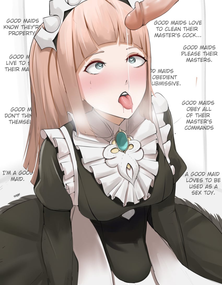 1boy 1girls blue_eyes blush breasts brown_hair english_text eroborne felicia_(fire_emblem) female female_focus femsub fire_emblem fire_emblem_fates heart-shaped_pupils heavy_breathing hypnosis imminent_fellatio imminent_oral imminent_sex long_hair looking_at_penis looking_up maid maid_uniform male maledom master_and_servant medium_breasts mind_control naughty_face nintendo penis penis_awe ponytail precum solo_focus text tongue tongue_out