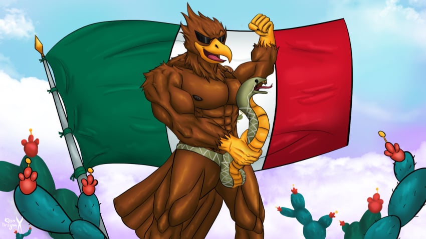 abs aguila_real_mexicana anthro brown_body bulge clothing_transformation detailed_bulge eagle forked_tongue geodragonx golden_eagle holding_bulge living_underwear male mexican_flag mexican_male mexico nipples open_mouth penis_clothing penis_costume penis_outline penis_with_face snake tongue tongue_out transformation true_eagle underwear underwear_transformation underwear_with_face