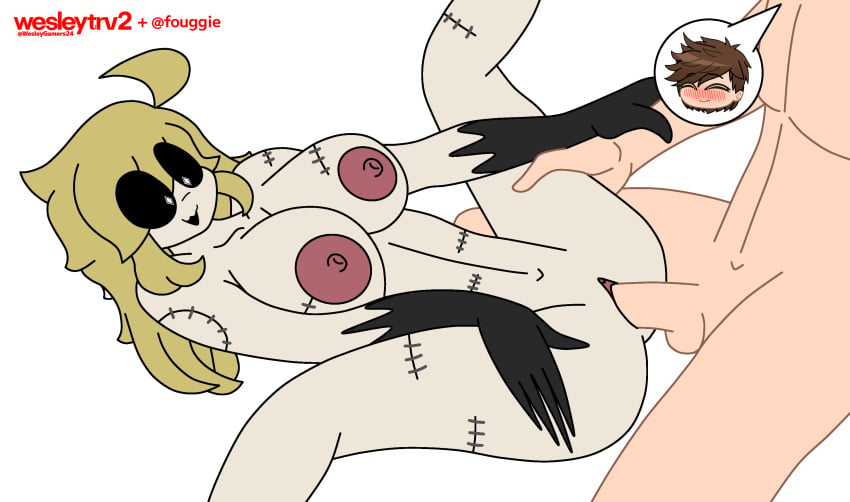 1boy 1girls abs black_sclera blonde_hair blush breasts brown_hair claws crossover edit fouggie laying_down naked nude pale_skin red_eyes riding riding_penis sara_wickers sex stitches tagme vaginal_penetration wesley_(wesleygamers24) wesleygamers24 white_eyes