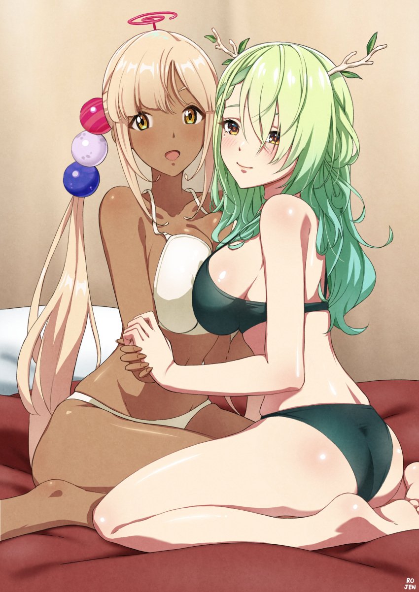 2girls absurdres alternate_costume antlers aqua_hair artist_name ass barefoot bed_sheet bikini blush braid breast_press breasts brown_background brown_eyes ceres_fauna chocolate_and_vanilla closed_mouth collarbone commentary dark-skinned_female dark_skin english_commentary feet female female_only foot_out_of_frame from_side gradient_hair green_bikini green_hair hair_between_eyes hair_ornament highres holding_hands hololive hololive_english hololive_english_-council- hololive_english_-promise- indoors interracial large_breasts legs looking_at_viewer mole mole_under_eye multicolored_hair multiple_girls on_bed open_mouth parted_lips rojen sitting skindentation smile soles swimsuit symmetrical_docking thighs tsukumo_sana twintails virtual_youtuber wariza white_bikini yuri