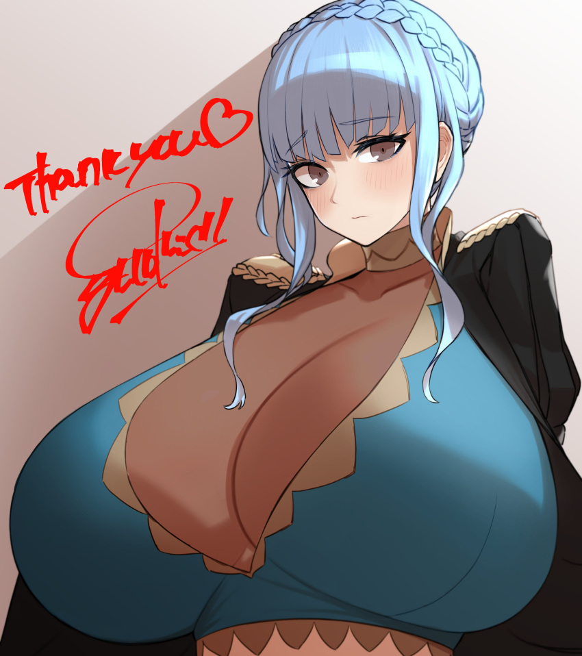 1girls absurdres adapted_costume alternate_costume bikini bikini_under_clothes blue_bikini blue_hair blue_swimsuit bodystocking braid breasts brown_eyes cleavage crown_braid english_text female female female_only fire_emblem fire_emblem:_three_houses fire_emblem_heroes garreg_mach_monastery_uniform gigantic_breasts highres lace_hairband looking_at_viewer marianne_von_edmund marianne_von_edmund_(summer) nintendo official_alternate_costume open_clothes open_shirt short_hair simple_background standing swimsuit yutorin_kakka