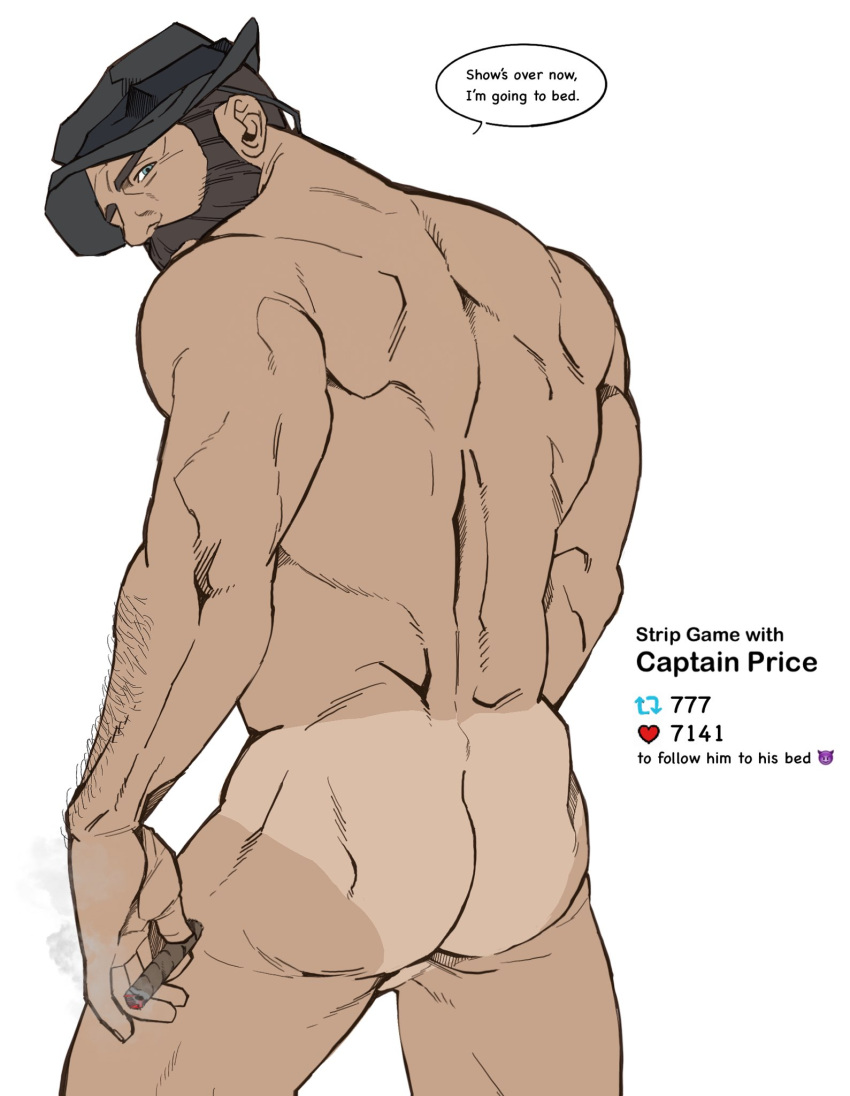 1boy 2023 2d ass back_view balls ballsack bara barely_visible_balls blue_eyes bonjourdraws brown_hair call_of_duty call_of_duty_modern_warfare_2_(2022) captain_price cigar drawn facial_hair hairy_arms human john_price looking_at_viewer male male_only manly mature_male muscles muscular_male mustache mutton_chops naked naked_male nude_male scrotum sideburns solo tanline testicles