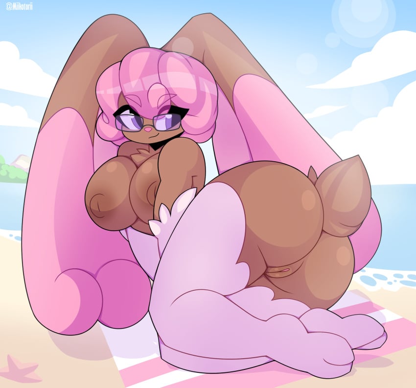 anthro areola ass beach beach_towel big_breasts big_butt big_ears blissey breasts brown_areola brown_body brown_fur brown_nipples brown_pussy detailed_background eyebrow_through_hair eyebrows female fur generation_2_pokemon generation_4_pokemon genitals hair hi_res hybrid lopunny melissa_(sparkingyagi) miikotorii nintendo nipples pink_hair pokemon pokemon_(species) purple_eyes pussy seaside smile solo tail thick_thighs towel translucent translucent_hair tuft