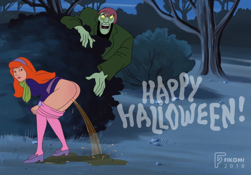 1girls ass bent_over daphne_blake female fikomi hanna-barbera looking_back peeing public scooby-doo