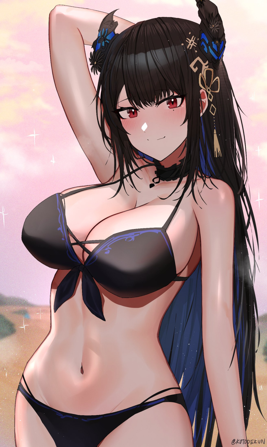 1girls asymmetrical_horns black_hair blue_hair breasts colored_inner_hair highres hololive hololive_english hololive_english_-advent- horns kotodekun large_breasts long_hair looking_at_viewer mole mole_under_eye multicolored_hair nerissa_ravencroft red_eyes solo swimsuit two-tone_hair uneven_horns virtual_youtuber