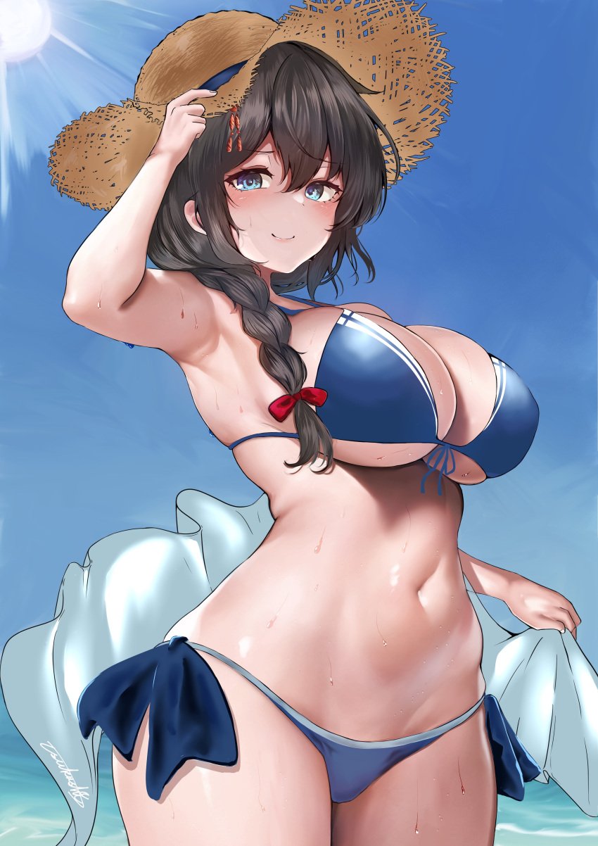 absurdres alternate_breast_size armpits artist_name bikini blue_bikini blue_eyes blush braid breasts cleavage female front-tie_bikini_top front-tie_top halterneck hat highres kantai_collection kokutou_(goto123kokutoh) large_breasts looking_at_viewer navel official_alternate_costume outdoors sarong shigure_(kantai_collection) side-tie_bikini_bottom single_braid solo stomach straw_hat string_bikini swimsuit underboob wet wide_hips