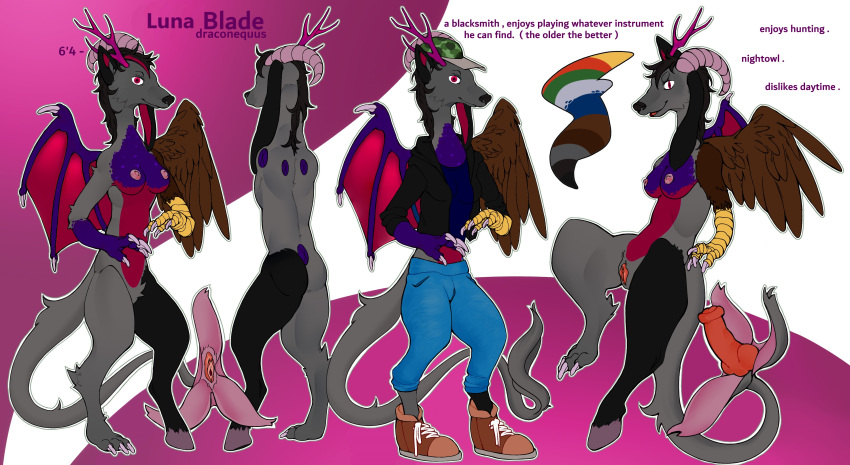 absurd_res animal_genitalia anthro breasts chimera claws draconequus equine_genitalia fan_character female futa_sans_balls futanari genitals hasbro herm hermaphrodite hi_res hooves intersex monophallia multi_genitalia my_little_pony paws penis penis_tail pupils pussy slit_pupils solo spread_wings tail tail_genitals tail_penis unusual_anatomy unusual_tail wings wolf_tail