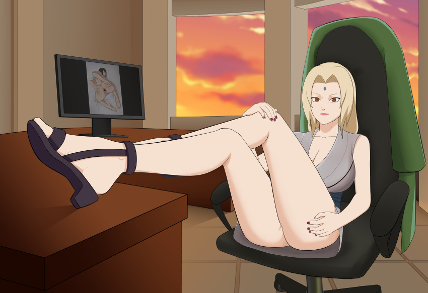 1girls after_anal ass ass_up bare_legs bare_shoulders bare_thighs black_eyes black_hair blonde_hair bottomless brown_eyes chair completely_nude computer computer_monitor crossed_legs desk female female_focus female_only footwear from_above gaping gaping_anus haori heels high_heels imminent_fingering imminent_masturbation indoors kimono legs_together leinadxxx long_hair looking_at_viewer looking_back mature mature_female mature_woman naked naruto naruto_(series) naruto_shippuden no_panties office_chair open_mouth presenting presenting_anus presenting_ass shizune sitting sitting_on_chair smile solo solo_focus teacher_and_student thighs top-down_bottom-up tsunade viewed_from_above