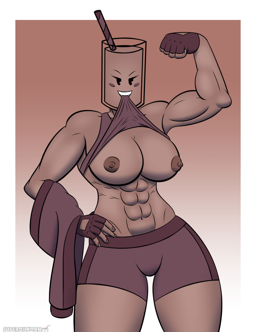 abs anthro choccy_(supermilkman) chocolate_milk confident confident_smile dark-skinned_female exposed_breasts fingerless_gloves first_porn_of_character jacket_removed living_object muscle_girl muscles muscular muscular_female nipples object_head original original_character self_upload shirt_lift shirt_pull shirt_up shorts six_pack skin_tight supermilkman tank_top tank_top_lift thick_thighs tomboy