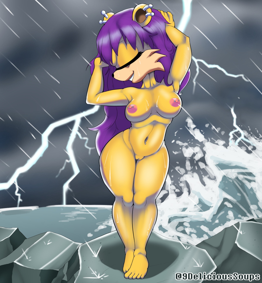 2021 anthro archie_comics armpits belly_button_piercing breasts closed_eyes delicioussoup ear_piercing feet female female_focus female_only furry lightning long_hair mina_mongoose mongoose nipple_piercing nipples pierced_nipples piercings purple_hair pussy sega sonic_(series) sonic_the_hedgehog_(series) storm thick_thighs thighs yellow_fur