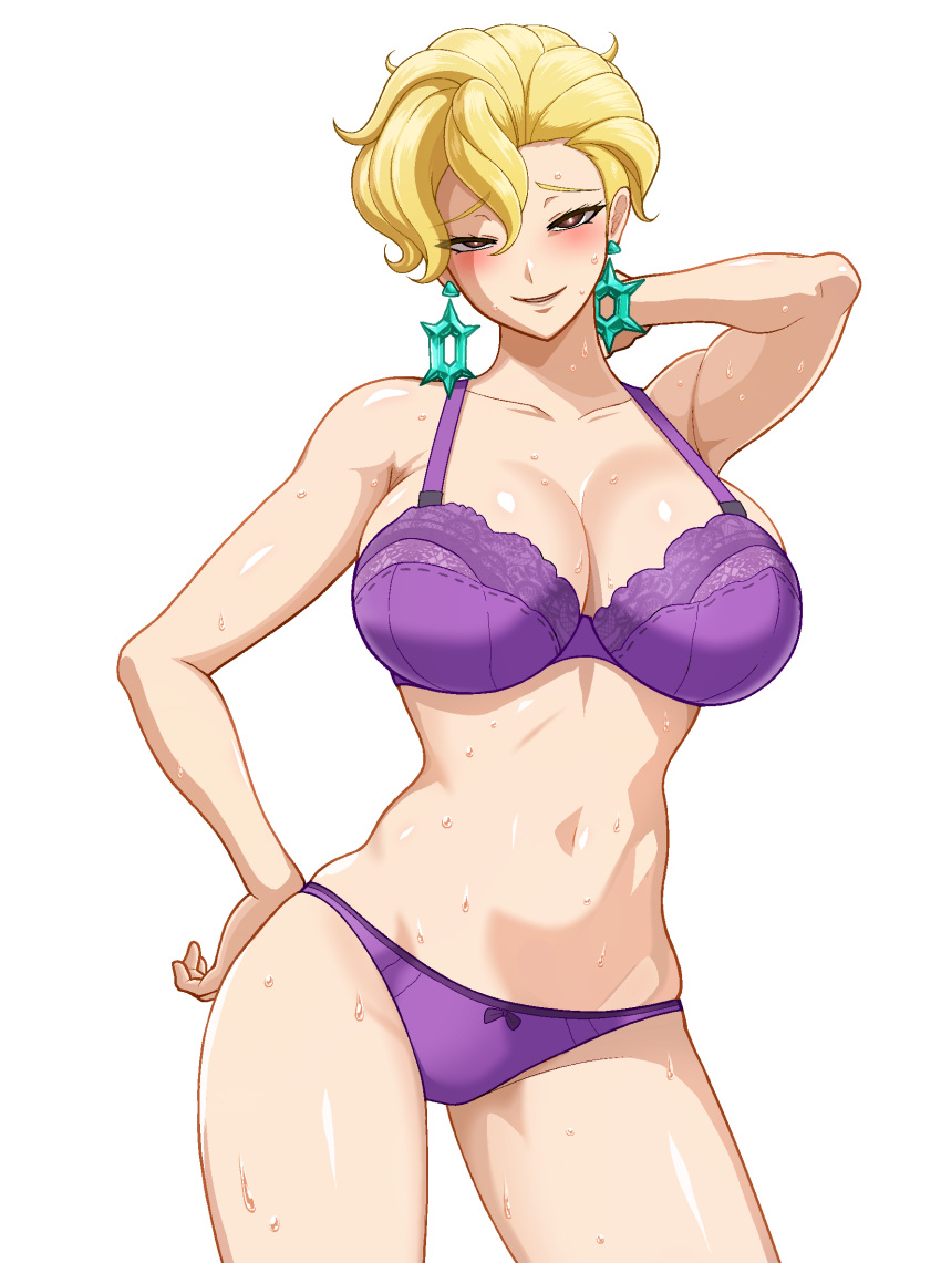 1girls alternate_breast_size big_breasts blonde_hair bra breasts briar_(pokemon) busty cleavage curvaceous curvy curvy_body curvy_female curvy_figure earrings female game_freak huge_breasts kyamuwoo large_breasts nintendo pokemon pokemon_(game) pokemon_sv purple_bra seductive seductive_eyes seductive_look seductive_smile smile smiling sweat sweatdrop sweating sweaty sweaty_body voluptuous white_background