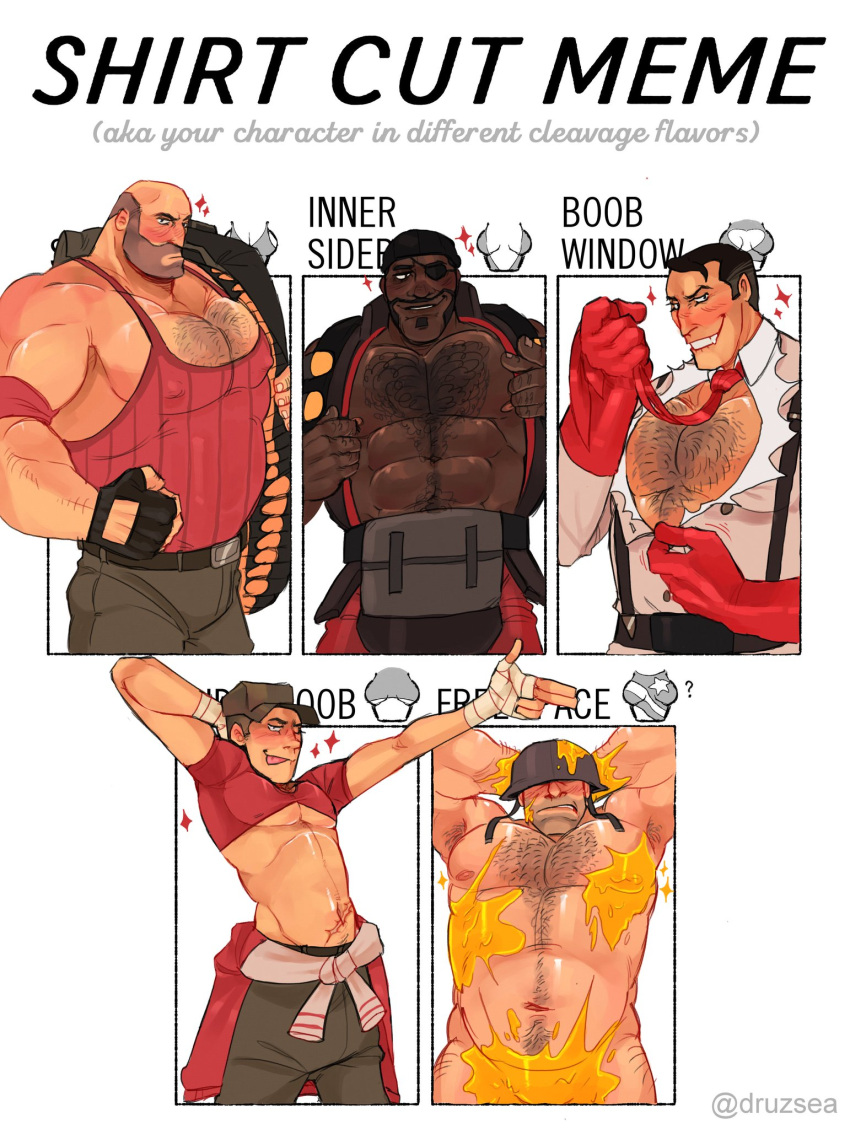 2d 2d_(artwork) 5_fingers 5boys abs ammo_belt ammunition armpits arms_up bald bald_man bara bare_arms bare_belly bare_shoulders beard belly belly_button belly_hair belt belt_buckle biting_lip biting_own_lip black_cap black_fingerless_gloves black_gloves black_hair blush blush_lines blushing blushing_male boob_window brown_hair cap chest chest_hair clothed color colored completely_naked completely_nude completely_nude_male crop_top dark-skinned_male dark_skin demoman demoman_(team_fortress_2) druzsea eyebrows eyelashes eyepatch finger_gun fingerless_gloves fingernails fingers fist glasses gloves grin grinning grinning_at_viewer hair hairy_armpits hairy_arms hairy_chest hairy_male hands_behind_head heavy_(team_fortress_2) heavy_weapons_guy helmet helmet_over_eyes hi_res high_resolution highres holding holding_object holding_tie honey inner_sideboob j0e_le light-skinned_male light_skin looking_at_viewer looking_back male male_focus male_only medic medic_(team_fortress_2) meme moobs moustache multiple_boys muscular muscular_male navel nipples no_visible_genitalia official_alternate_costume one_eye_closed pants pecs pointing_at_viewer red_clothing red_gloves red_shirt red_tie ripped_clothing ripped_shirt scar scar_on_stomach scout scout_(team_fortress_2) shirt_around_waist shirt_cut_meme sideboob simple_background smile smiling smiling_at_viewer soldier soldier_(team_fortress_2) sparkles stomach_hair team_fortress_2 teeth tie tongue tongue_out twink underboob valve white_background wink winking_at_viewer