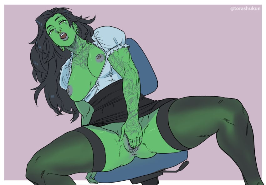 1girls big_breasts breasts breasts_out female female_only green_skin hulk_(series) long_hair marvel marvel_comics masturbating masturbation nipple_piercing nipples no_panties pierced_nipples pussy rubbing_pussy she-hulk sitting skirt solo stockings tattoos torashu-kun upskirt