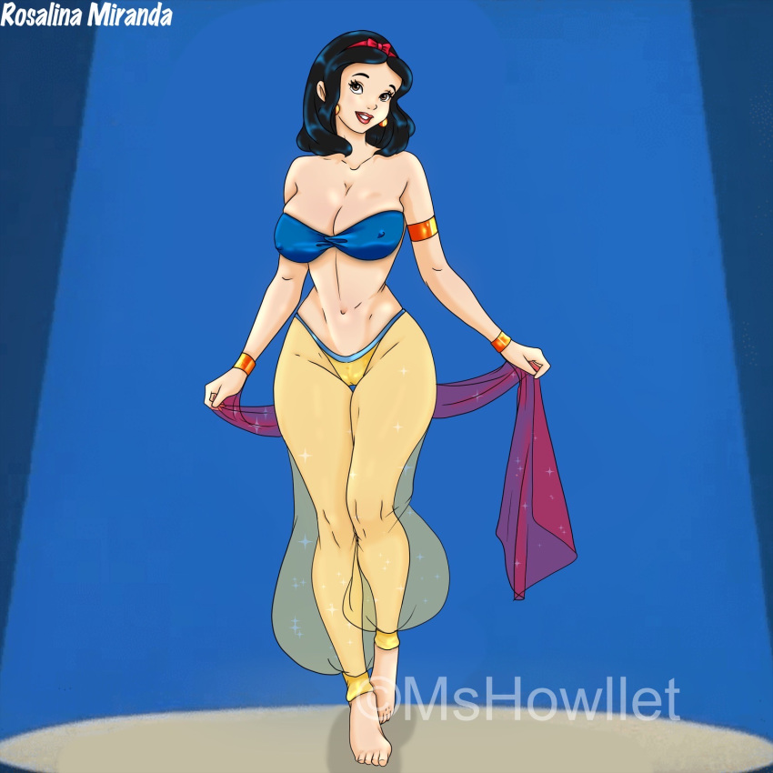 barefoot belly_dancer belly_dancer_outfit big_breasts black_hair breasts cleavage disney disney_princess enslaved_royal harem_girl harem_outfit harem_pants hazel_eyes huge_breasts long_hair looking_at_viewer mshowllet snow_white_(disney) snow_white_and_the_seven_dwarfs_(1937_film)