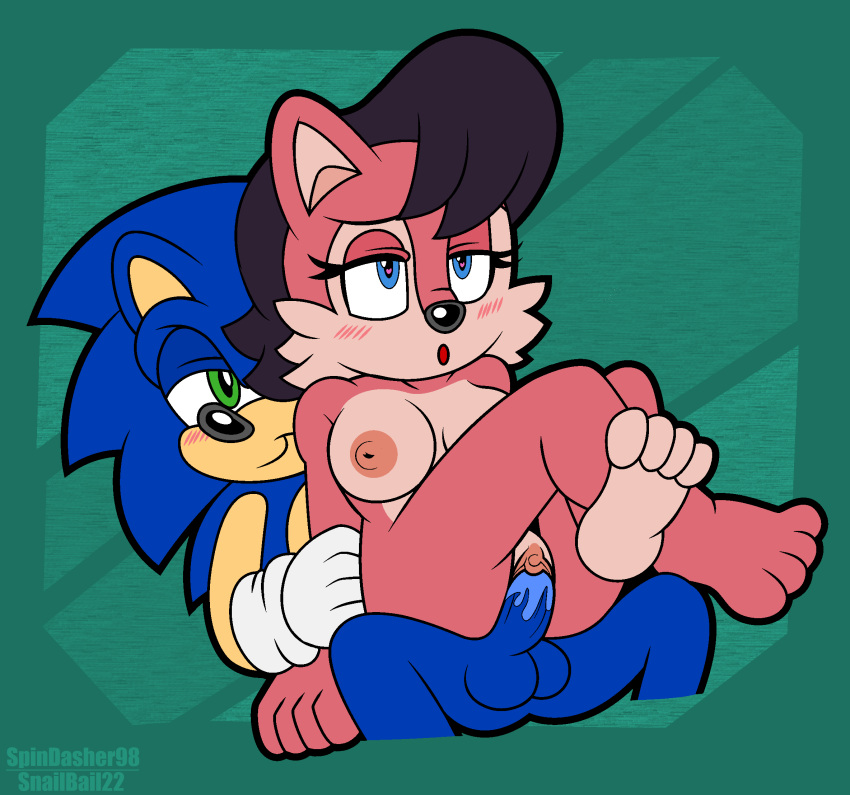 anthro archie_comics balls bodily_fluids breasts chipmunk duo eulipotyphlan feet female genital_fluids genitals ground_squirrel hedgehog hi_res male male/female mammal penis pussy pussy_juice rodent sally_acorn sciurid sega snailbail22 sonic_(series) sonic_the_hedgehog sonic_the_hedgehog_(archie) sonic_the_hedgehog_(comics) sonic_the_hedgehog_(series) spindasher98