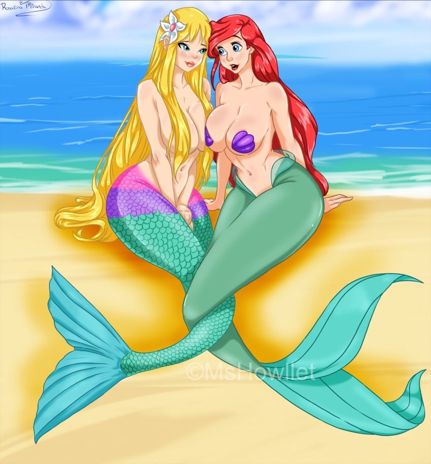 2_mermaids 2girls alternate_self ariel ariel_(the_little_mermaid) asymmetrical_docking beach big_breasts blonde_hair blue_eyes breasts crossover disney disney_princess female female_only flower_in_hair jpeg long_hair marina_(the_little_mermaid_1975) mermaid mermaid_only mshowllet multiple_girls red_hair royalty seashell_pasties seaside signature the_little_mermaid the_little_mermaid_(1975) the_little_mermaid_(1989_film) topless