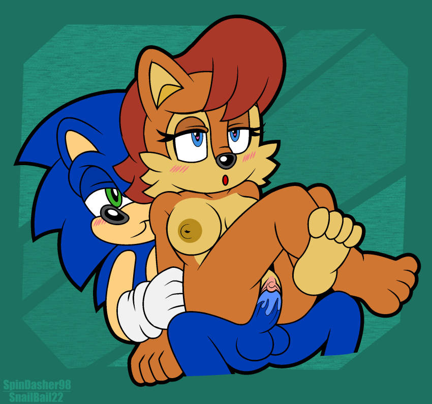 anthro archie_comics aroused balls blush bodily_fluids breasts chipmunk duo eulipotyphlan feet female genital_fluids genitals ground_squirrel hedgehog hi_res male male/female mammal penetration penis pussy pussy_juice rodent sally_acorn sciurid sega smile smirk snailbail22 sonic_(series) sonic_the_hedgehog sonic_the_hedgehog_(archie) sonic_the_hedgehog_(comics) sonic_the_hedgehog_(series) spindasher98