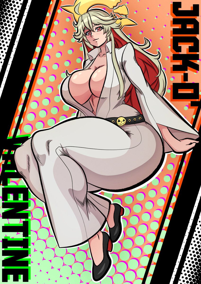 1girls acraeaaconite cleavage guilty_gear heels jack-o'_valentine red_eyes red_hair solo text track_suit two_tone_hair white_hair